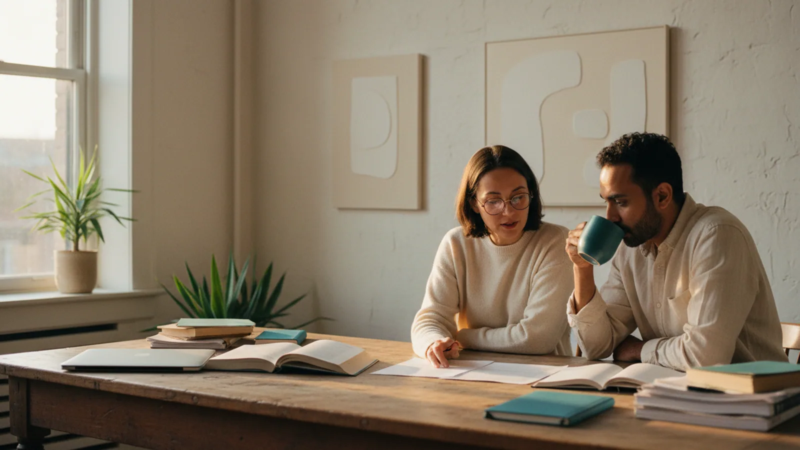 Two founders in conversation across a desk reviewing a research paper