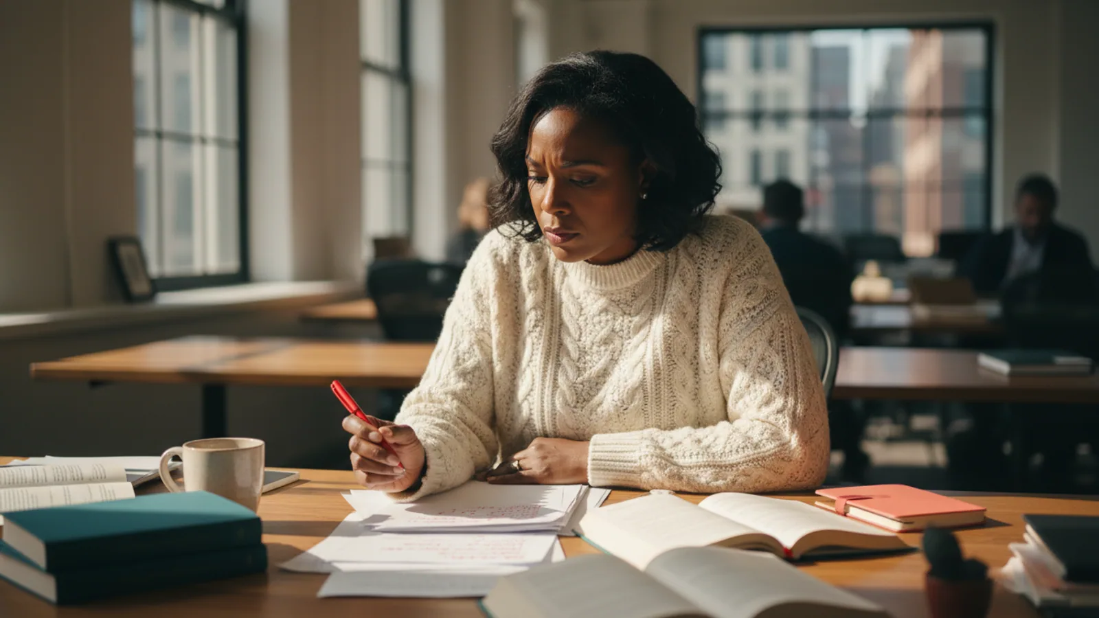 Editor reviewing manuscript pages with red pen annotations at a sunlit desk