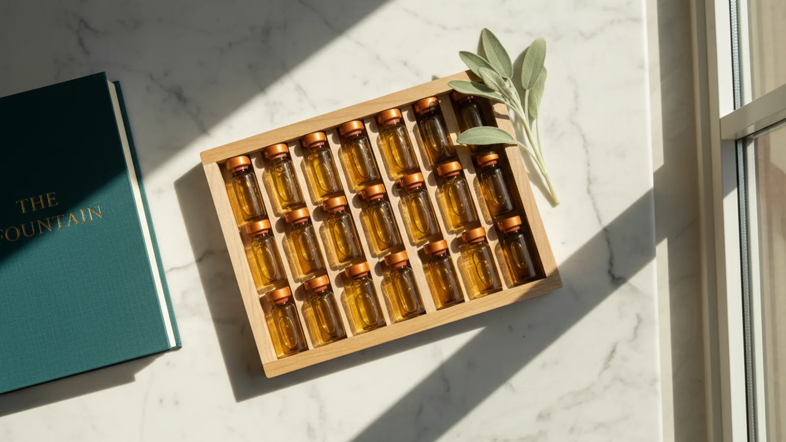 Twelve amber peptide vials arranged in a wood compartmentalized tray on marble