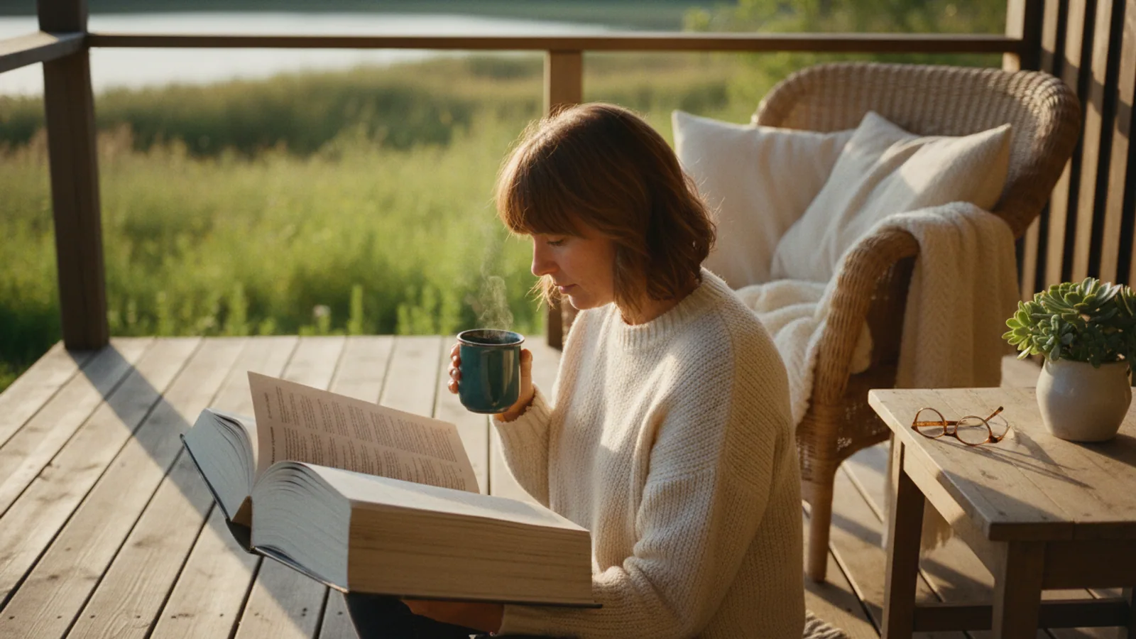 Person reading a guide book on a porch in late afternoon golden light