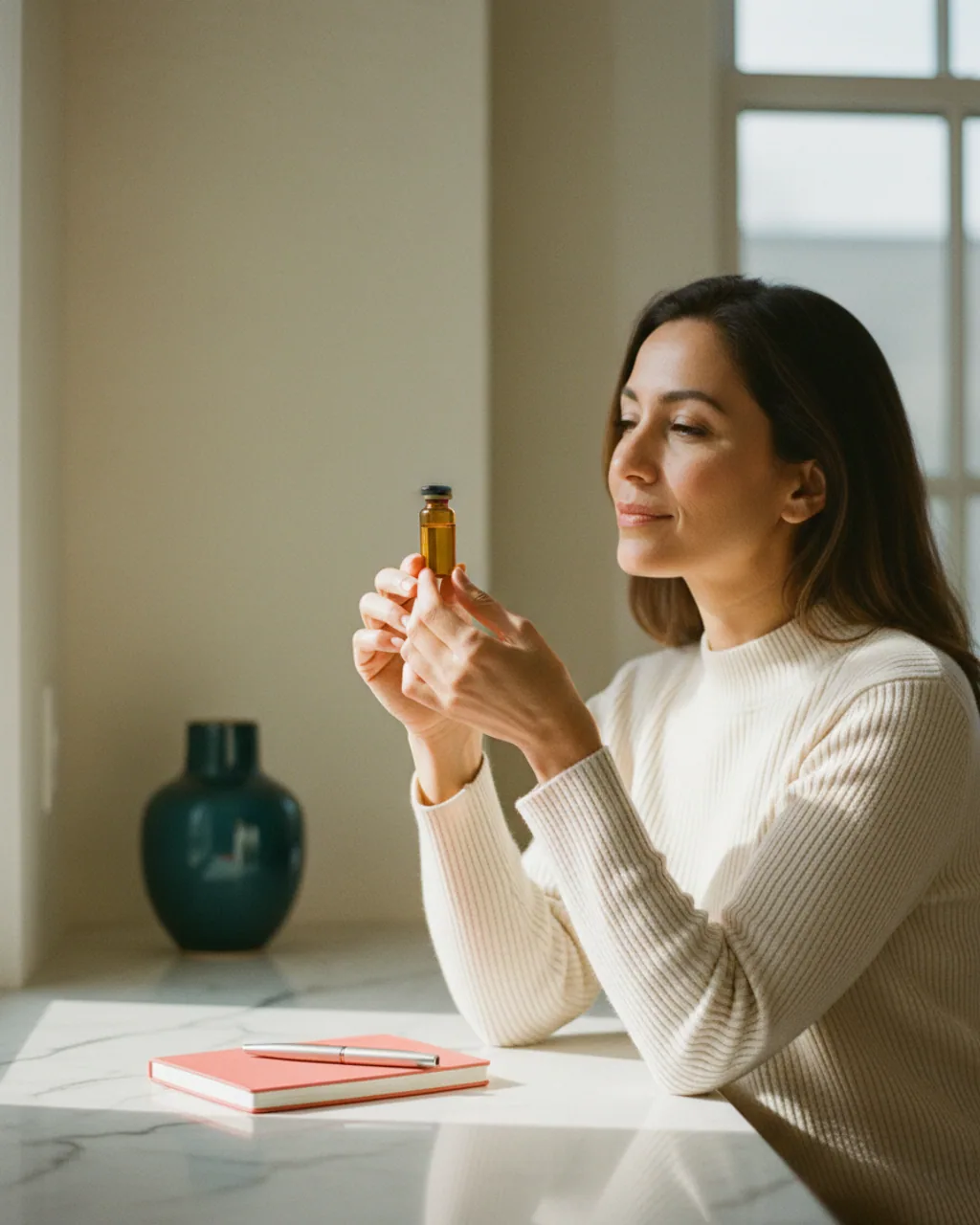 A woman examining an amber peptide vial in warm morning light, on a marble counter with a coral notebook