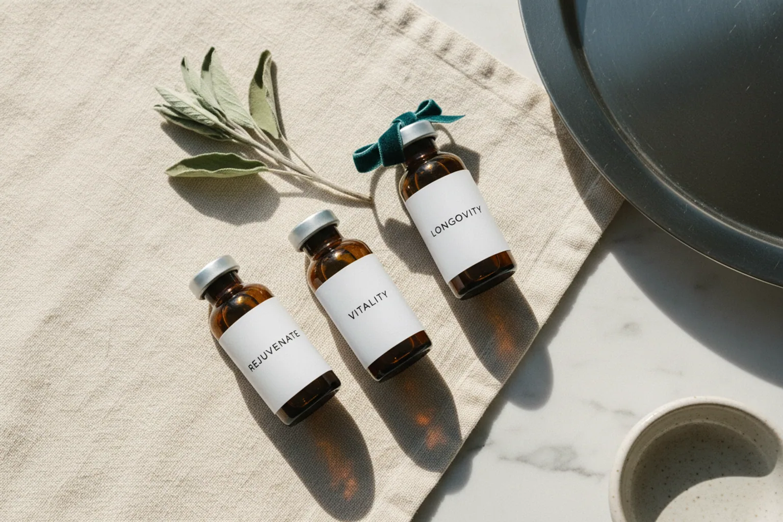 Three amber peptide vials with white minimalist labels on cream linen