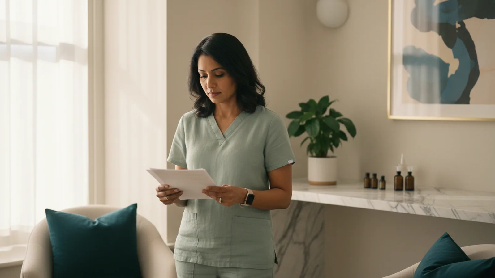 Clinician in a sunlit consultation room reviewing a patient chart
