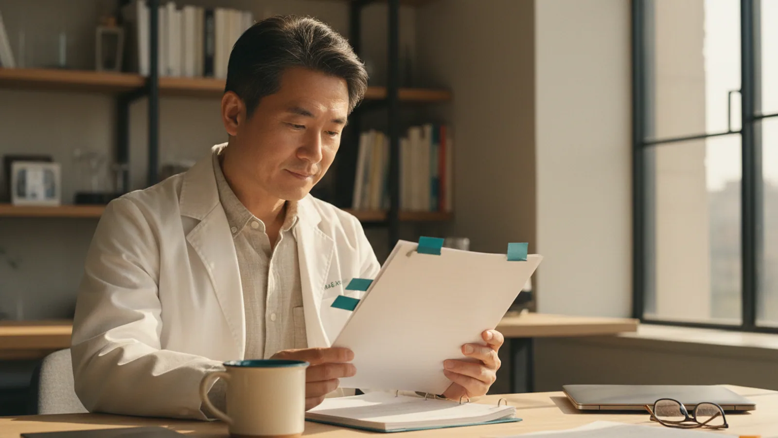 Researcher reading a clinical study with marked tabs at a sunlit desk