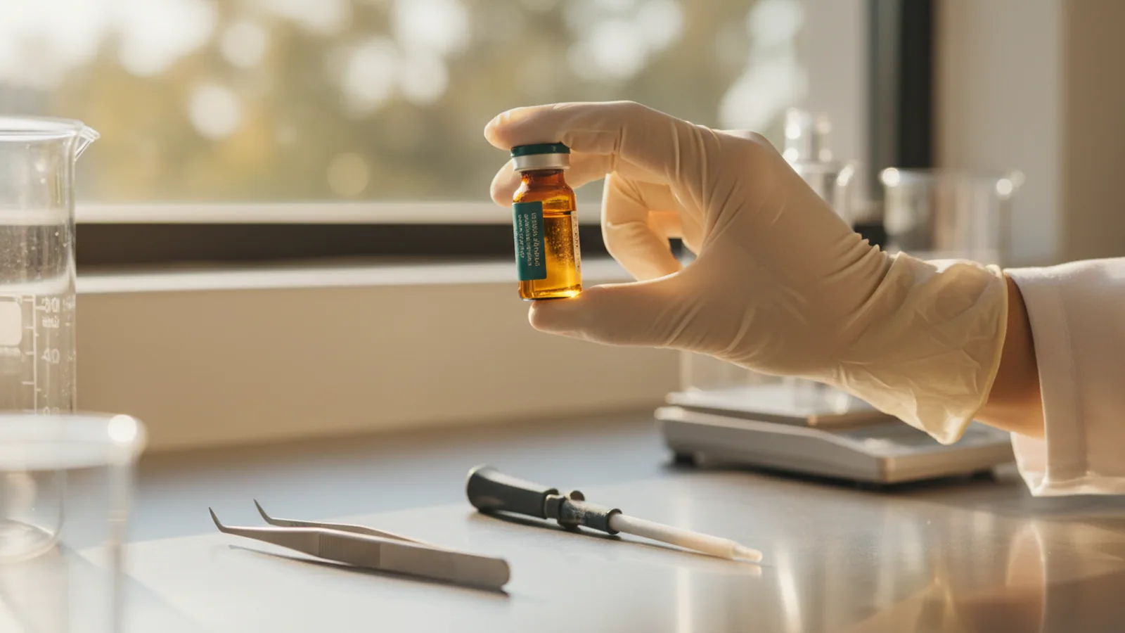 Lab gloved hand inspecting an amber peptide vial in bright window light