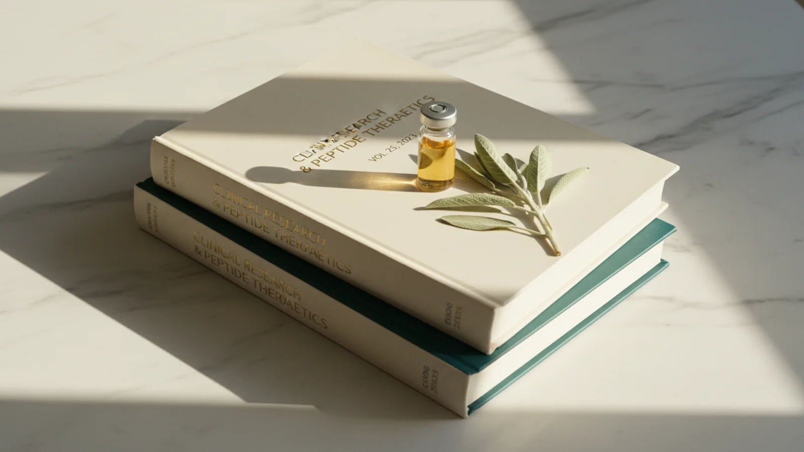 Stack of clinical journals with an amber peptide vial on top