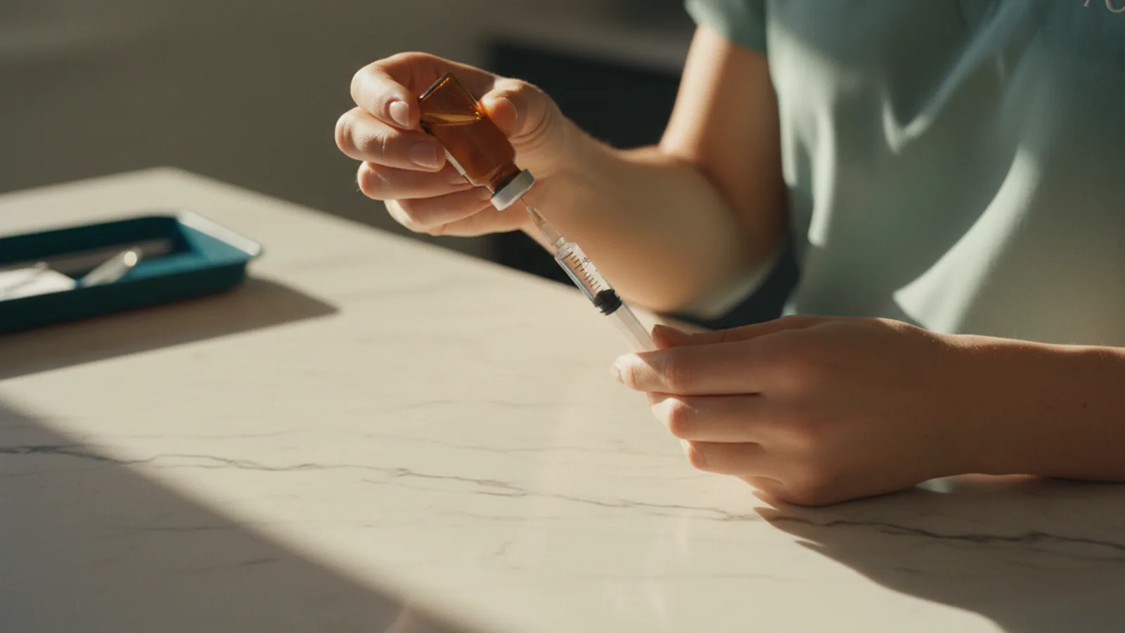 Clinician hands drawing peptide solution into a syringe