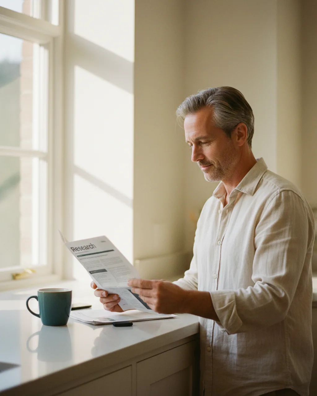 A man reading the weekly research digest at a sunlit kitchen counter